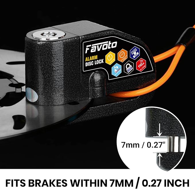 Favoto Alarm Disc Lock, 3 Keys and 18 Batteries (5-Year Availability), 110 dB Waterproof Anti-Theft Security Brake Padlock, 7mm Lock Pin with Reminder Cable, Fit for Motorcycle E-Bike Bicycle Scooter