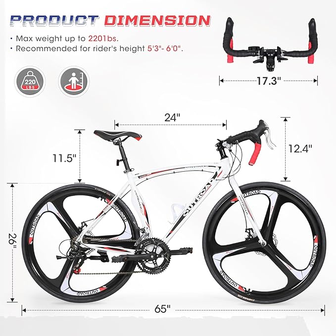 700C Lightweight Aluminum Road Bike – 14-21 Speed Commuter Bicycle with Dual Disc/V Brakes for Men & Women (Black, Red, Blue, White)