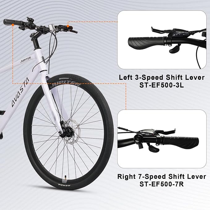AVASTA Jupiter 700C Road Adult Step-Over Hybrid Cycling Bike Bicycle, Aluminum Frame, 21-Speed, Dual Disc Brakes, Multpile Colors for Men Woman Male Female