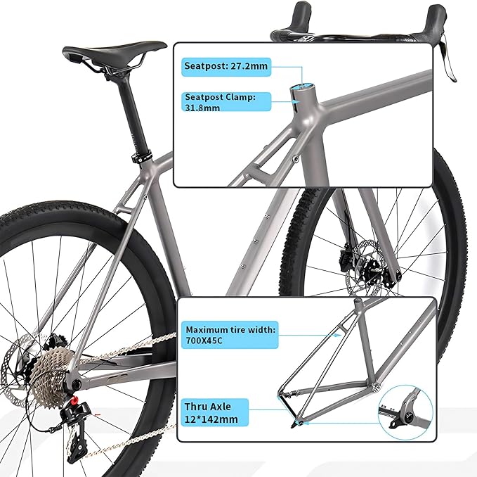 700C Road Bike Frameset with Carbon Fibre Fork 45cm 48cm 51cm 54cm Aluminum Alloy Gravel Bike Frame Disc Brake Thru Axle 12x100mm/12x142mm