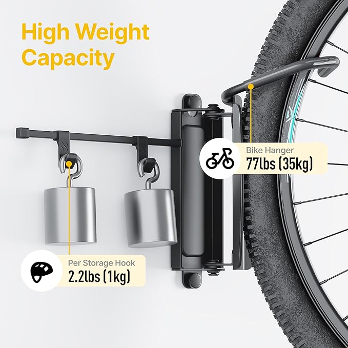 monTEK Swivel Bike Wall Mount, Bike Hangers for Garage, Bike Wall Mount with Two Extra Storage Hooks, Bike Hanger Wall Mount for Space Saving, Bike Rack Garage Holds Up to 77 lbs