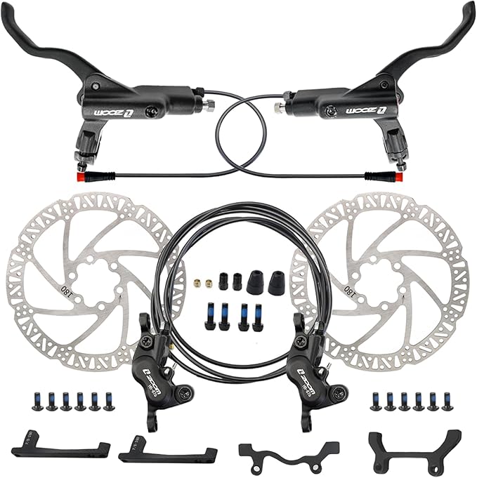 Zoom HB876E Hydraulic Disc Brakes Set 4-Pistons E-Bike Electric Power-OffHydraulic Brake Set with 180mm Rotors, Adapter Fit EBike Fat Bike Bicycle for Mountain Bike, Road Bike (Black)