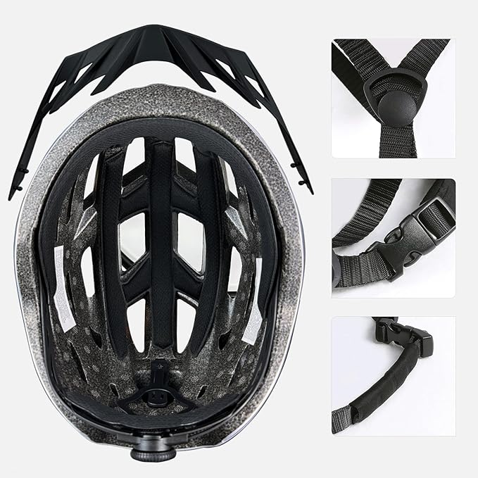 Bike Helmet for Adult Men Women with Multi-Mode Rear LED Light, with Suggested Fit 56-62cm, Lightweight with Adjustable Dial, Side and Chin Strap, Carbon Black Shiny Surface