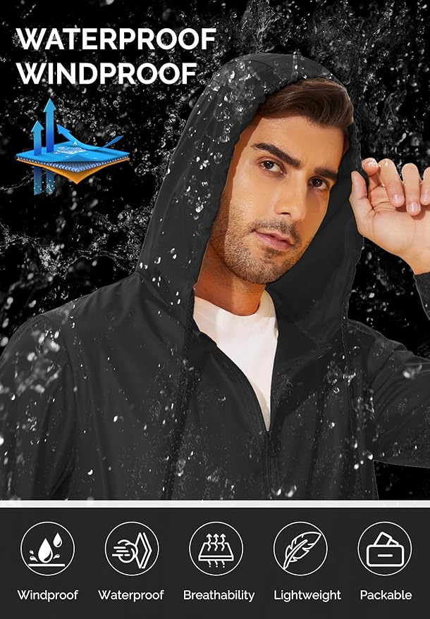 Zando Packable Mens Rain Jacket Lightweight Raincoat Waterproof with Hood Outdoor Windbreaker Jacket Travel Rain Jackets