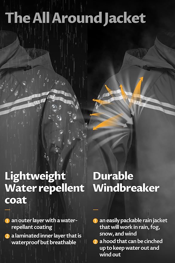 CREATMO US Men's Packable Waterproof Running Rain Coats Reflective Cycling Jacket Windbreaker With Removable Hood