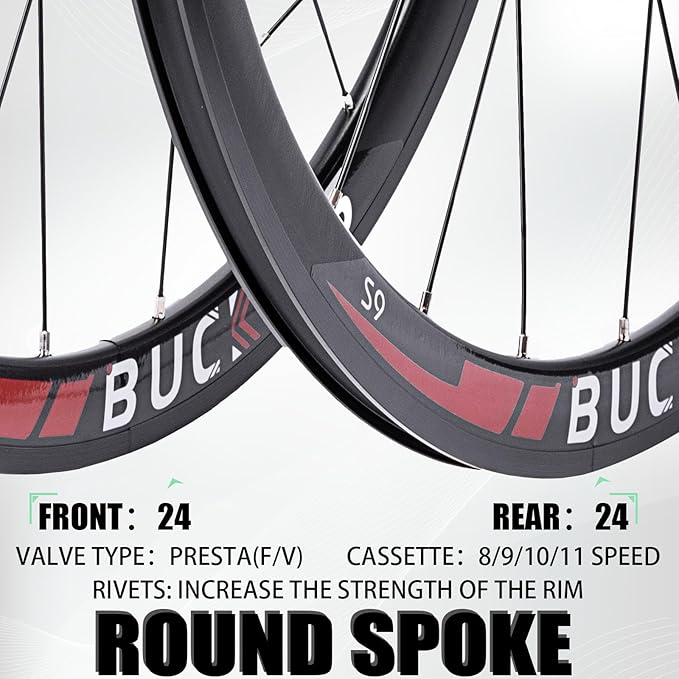 BUCKLOS 700C Road Bike Wheelset Disc/Rim Brake with Carbon Hub, 40mm Depth Road Bike Wheels Support 8/9/10/11 Speed, Clincher 18-25c 700c Bike Wheel Thru Quick Release/24H Spokes