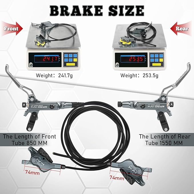 BUCKLOS IIIPRO IV4 4 Piston MTB Hydraulic Disc Brake Set, Front 850mm and Rear 1550mm Mountain Bike Hydraulic Brakes with Aluminum Alloy Caliper Lever Fit Ebike,Fat Bike Trail Bicycle XC AM DH BMX
