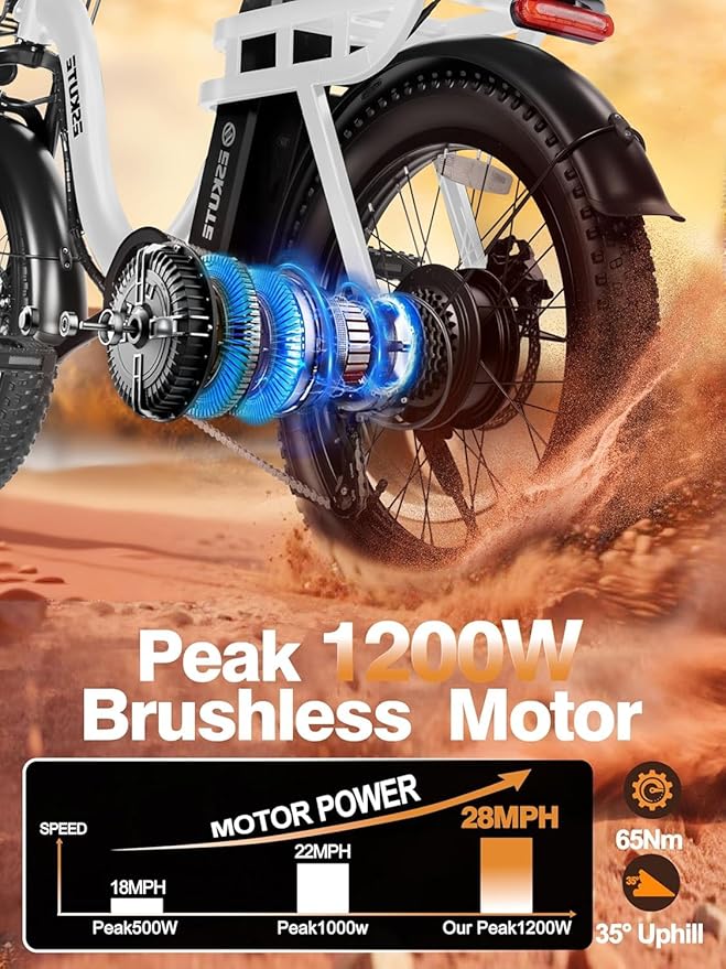 ESKUTE Electric Bike for Adults – 1200W Peak Motor, Folding 20x3 Fat Tire E‑Bike, 48V 10.4Ah Battery, Step‑Through Cargo Fold Ebike, NFC Unlock, 28 MPH, 7‑Speed, Up to 55 Miles