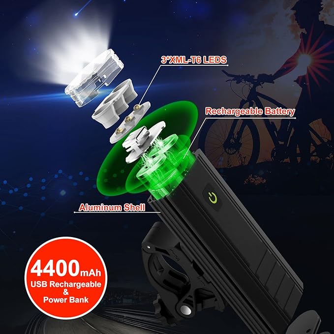Victagen 5000 Lumens 3LED Bike Lights for Night Riding, Super Bright Front and Back Bike Headlight, USB Rechargeable, 6 Modes