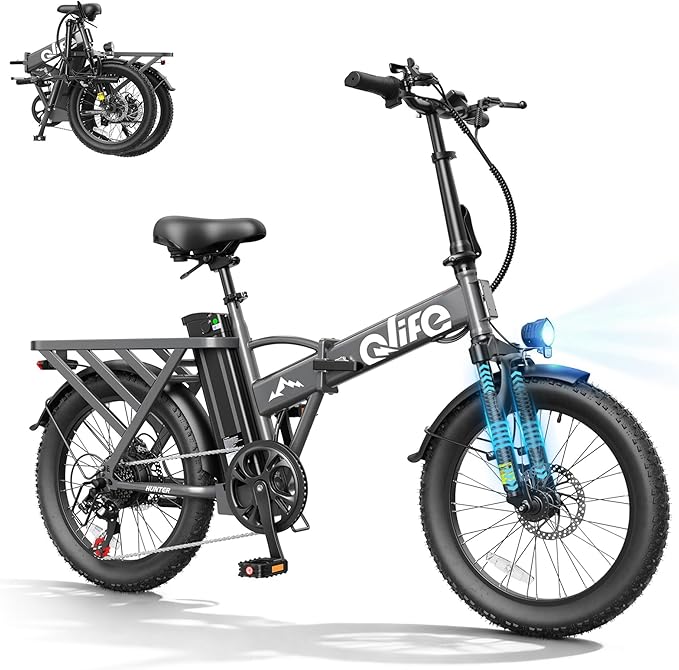 Qlife Hunter Foldable Electric Bike for Adults, Peak 1200W Ebike with 48V 13.5Ah Battery, 65-Mile Range, Heavy-Duty Rear Rack, 20-Inch Fat Tires, Folding E Bike for Commuting & Outdoor Use