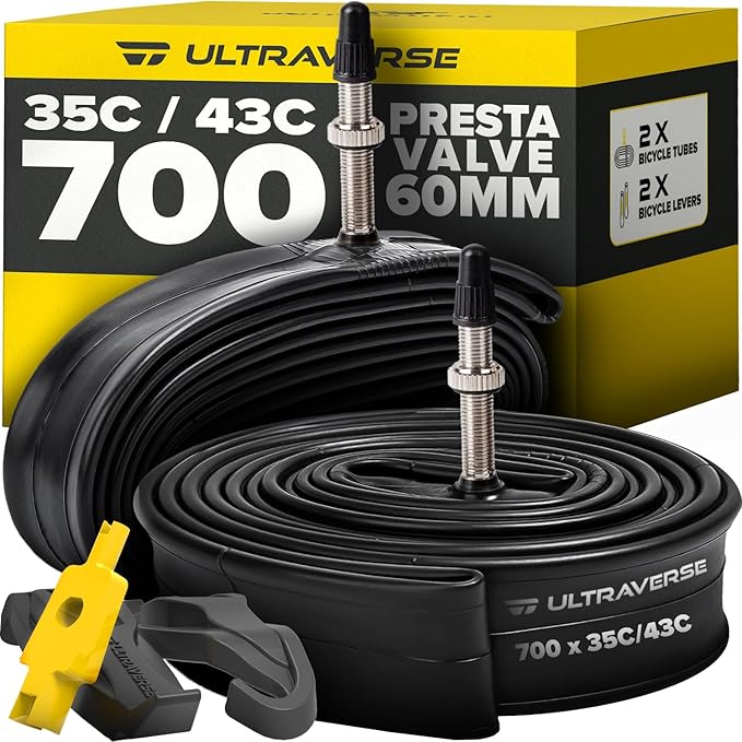 Ultraverse Bike Inner Tube for 700x23-25c, 700x28-32c, 700x35-43c 28 inch Bicycle Wheel Sizes with 48mm Presta Valve - Butyl Rubber Tubes for Road and Gravel Bikes - 2 Tubes, 2 tire levers Included