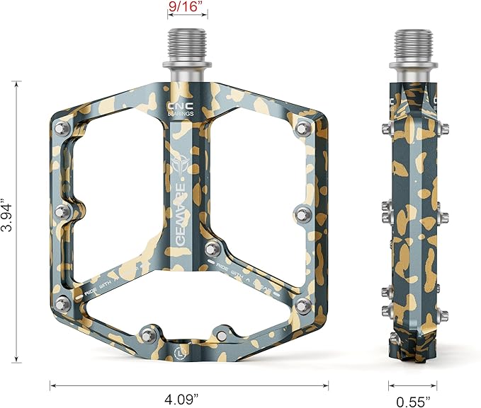Road/Mountain Bike Pedals - 3 Bearings Bicycle Pedals - 9/16” CNC Machined Flat Pedals with Removable Anti-Skid Nails