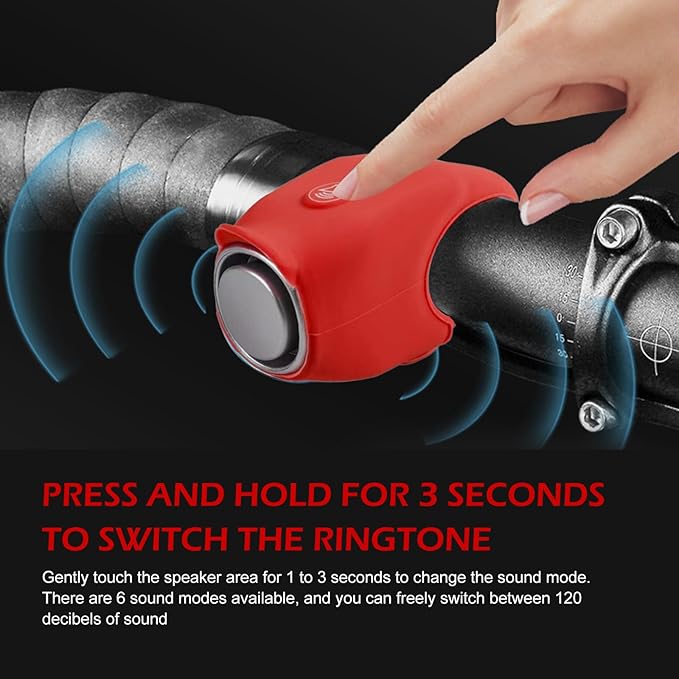 Electric Bike Horn, 120DB Loud Elasticity Silicone Bicycle Bell, Waterproof Bicycle Warning Horns with 6 Sound Options, Universal Handlebar Alarm for Adults Kids Bike/Scooter/Ebike (Red)