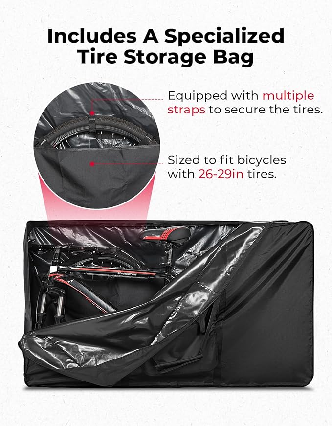KEMIMOTO Bike Travel Bag, Heavy-Duty 900D Water-Resistant with Fixed Buckles & Interior Compartments, Airplane Bicycle Storage Box Cases Fits 26-29 Inch Mountain, Road E-Bikes (55.9" x 12.6" x 33")