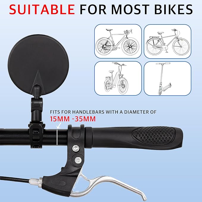 Bike Mirror Handlebar Mount 2 Pack, 360° Adjustable Convex Bicycle Mirror, 4.7'' Wide Angle Rear View Cycling Mirror, Quick Clamp Fits Up to 32mm Handlebars for Mountain Road Bike & E-Bike