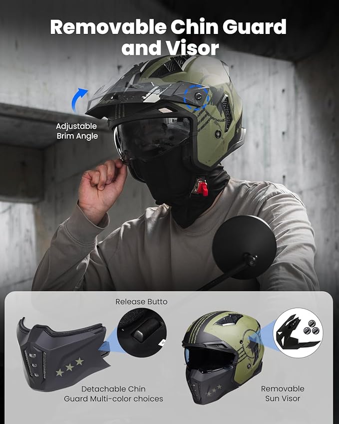ILM Open Face Motorcycle 3/4 Half Helmet for Men and Women, Vintage Retro Helmet with Visor for Moped ATV Cruiser Scooter DOT Model Z302(Army Green,XX-Large)