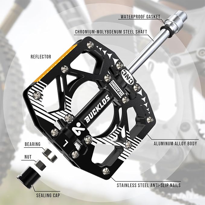 BUCKLOS MTB Bike Flat Pedals with Reflectors,Large Platform Mountain Non Slip CNC Aluminum Alloy Bicycle Pedals Sealed Bearing 9/16" Adult
