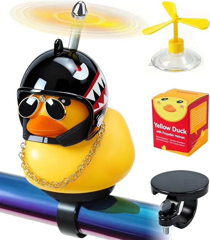 Rubber Duck Bike Decorations [New Stable Clamp Mount] Cute Squeak Duck Bike Bell [Two Helmet Propeller] Funny Bike Accessories E Scooter Motorcycle Cycling Gifts