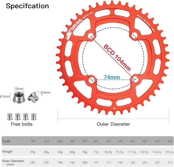 CYSKY 104 BCD Chainring 30T to 52T Narrow Wide Chainring with Sprocket Bolts for 1x Set-up Road Bike Mountain Bike BMX MTB Gravel Ebike