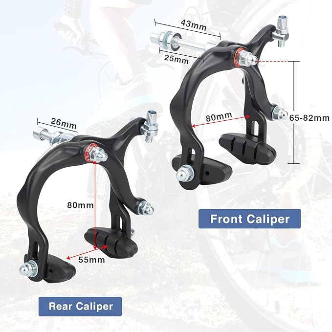 MEGHNA Bike Caliper Brake Set Aluminum Alloy Front and Rear Bike Brake Lever C Brake Set with Cables and Brake Pads Rim Brake for BMX Hybrid Bike Cruiser Bike Mountain Bike