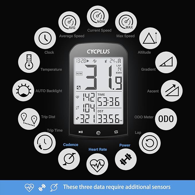 CYCPLUS GPS Wireless Bike Computer, Cycling Computer GPS with Bluetooth/ANT+, Bike Speedometer with 2.9" LCD Screen, Auto Backlight IPX6 Waterproof (New Upgraded)