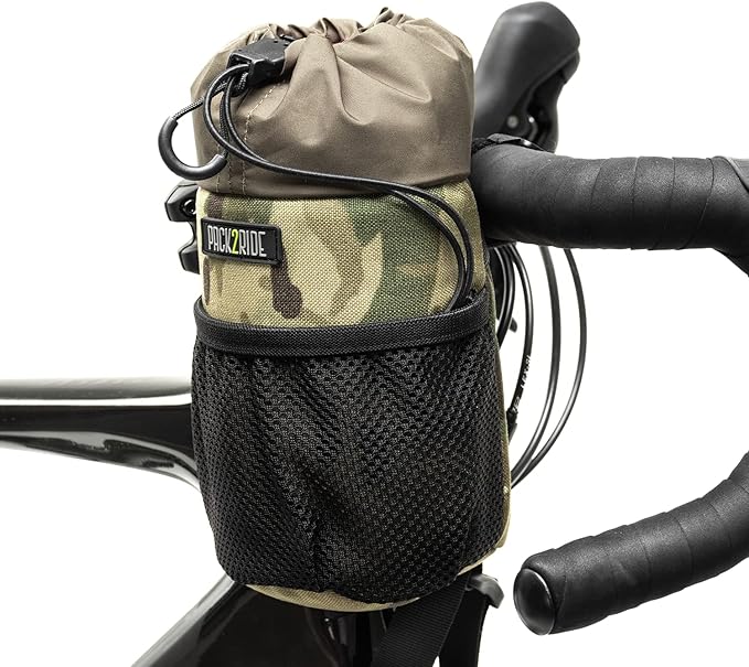 Bongo Bike Handlebar Bag - Water Resistant & Durable Fabric Bicycle Water Bottle Holder, Secure Attachment Bikepacking Stem Bag, One-Handed Access Feed Bag, Front Storage for Cycling - Camo