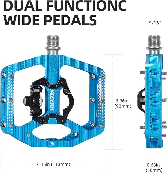 MZYRH MTB Mountain Bike Pedals 3 Bearing Flat Platform Compatible with SPD,Dual Function Sealed Clipless Aluminum 9/16" Pedals with Cleats for Road