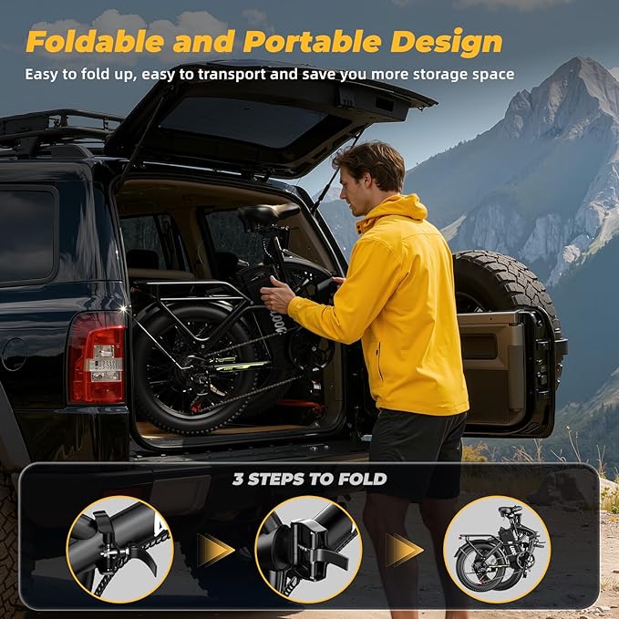 Foldable Electric Bike for Adults, 30+MPH, 48V 20Ah Removable Lithium Battery up to 80Miles, 20" Fat Tire 1000W Peak Motor Dirt Ebike Adult Electric Bicycle for Commute Beach Mountain E Bike