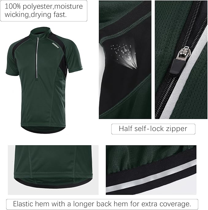 BERGRISAR Men's Half Zipper Cycling Jersey Short Sleeves Bike Bicycle Shirts with Zipper Pocket Quick-Dry Breathable BG060
