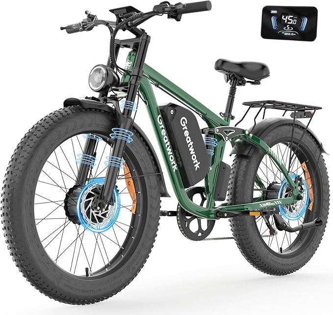GREATWORK 52V 5000W Peak Dual Motor Electric Bike for Adults, 1300Wh Battery, Up to 45MPH & 100 Miles Range, 26" x 4.0 Fat Tire Electric Dirt Bike with Suspension, Mountain E-Bike for Men Women