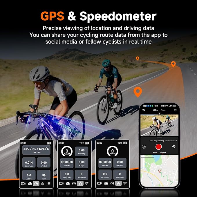 SVBONY Bike Camera with Smart Display, 4K60fps Action Camera with GPS Tracker, Cycling Speedometer/Odometer, Anti-Shake, Bike Lights, Bell, Waterproof, Bike Computer with APP Support (Without TF Card