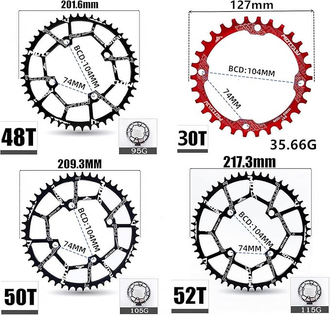 YBEKI Pro-Grade 104BCD Chainring (30-52T) CNC 7075-T6 Aluminum Narrow-Wide MTB/Road Round Oval Bike Chainwheel | Shimano/SRAM 8-11 Speed Compatible | 573MPa Strength(Black/Red/Blue)