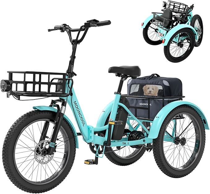 MOONCOOL Folding Electric Tricycle for Adults, 48V 500W 3 Wheels Electric Trike, Aluminum Frame 750W Electric Tricycle Adult Bicycle with Removable Battery, Front and Back Bags