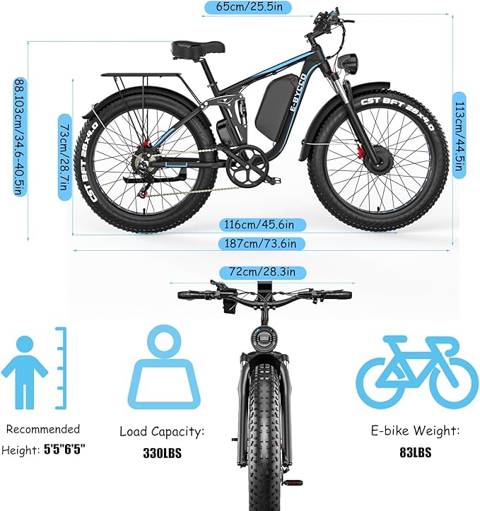Electric Bike, Max 40-45MPH & 100 Miles, 5000W Peak Dual Motor Adult E-Bike, 52V 32Ah Battery Ebike, 24'' 26" Hydraulic Disc Brakes, Fat Tire All-Terrain Hunting Electric Bike, Full Suspension
