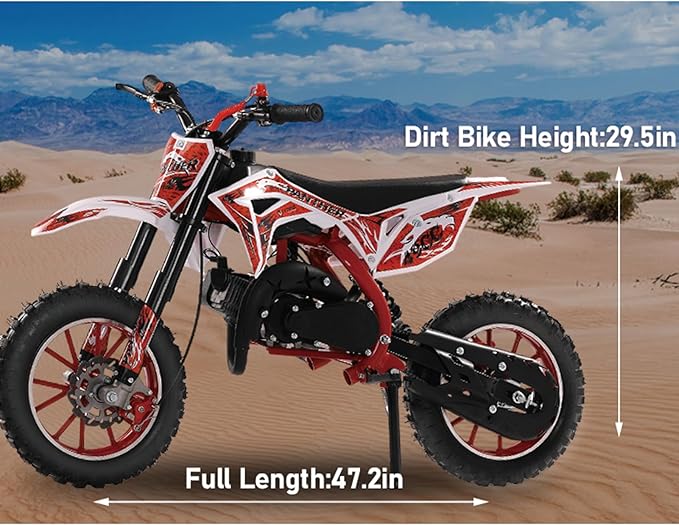 cdar 49CC 2-Stroke Kid Dirt Bike, Gas Dirtbike Children Motorcycle Gas Powered Off-Road Motorbike with Soft Seat Cushion Pocket Motorbike Front Rear Disc Brakes Birthday Gifts for Boys Girls 6-14 Red