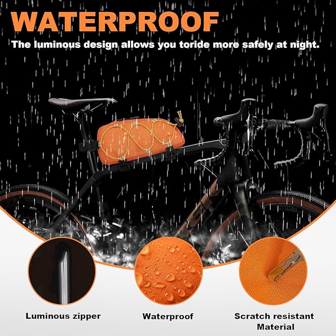 Bike Top Tube Bag Waterproof Bicycle Front Frame Bag Top Tube Bike Pouch for Road Mountain Bicycle Outdoor Cycling Travel Hiking（Orange）