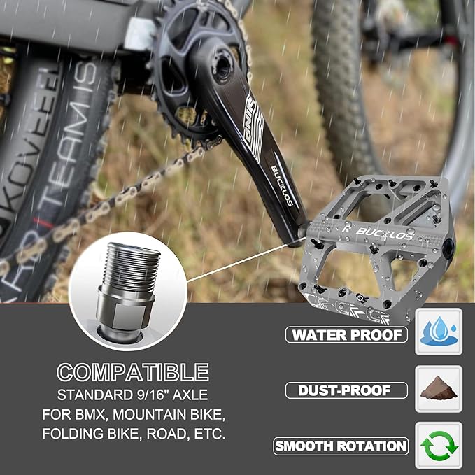 BUCKLOS Mountain Bike Pedals MTB Pedals Flat, Adult Bicycle Road Bike Large Platform Nylon Non-Slip Pedal for Gravel Bike/Hybrid Bike 9/16"