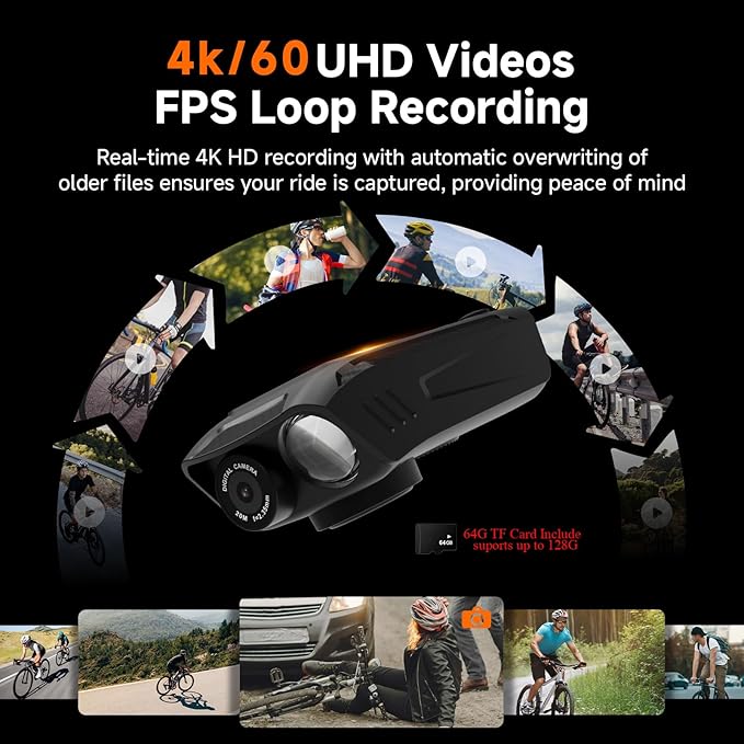 SVBONY Bike Camera with Smart Display, 4K60fps Action Camera with GPS Tracker, 64GB Card, Cycling Speedometer/Odometer, 6-Axis Anti-Shake, Bike Lights, Bell, Waterproof, Bike Computer with APP Support