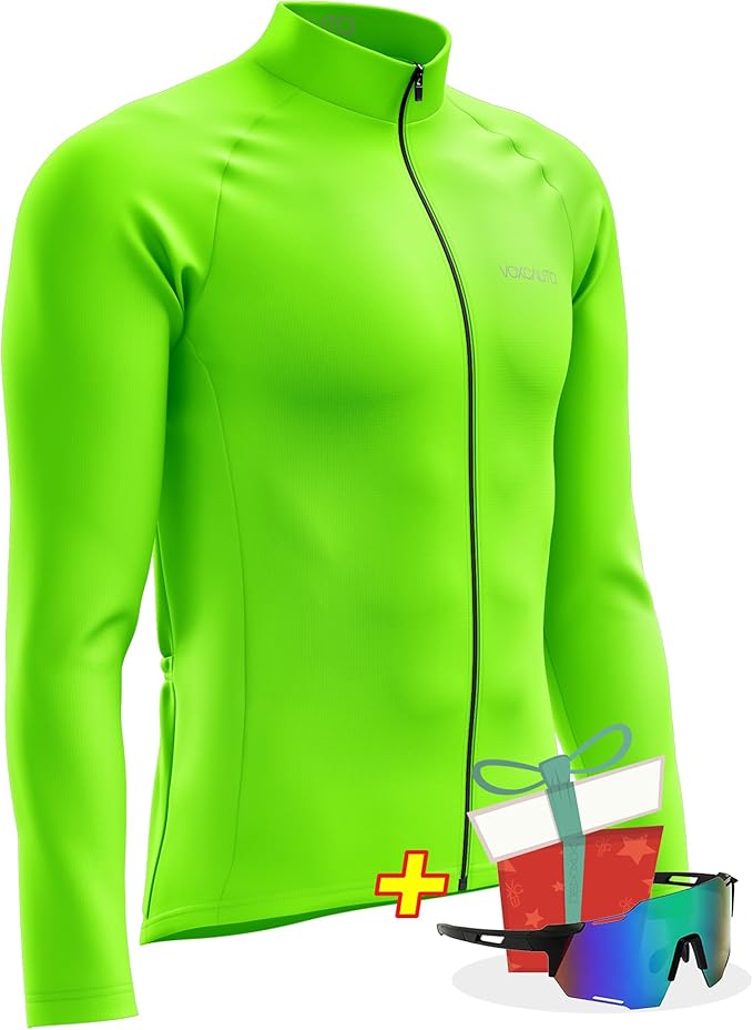 Men's Cycling Jersey Moisture Wicking Long Sleeve Full Zip Bike Road Riding Biking Shirts+ Cycling Glasses