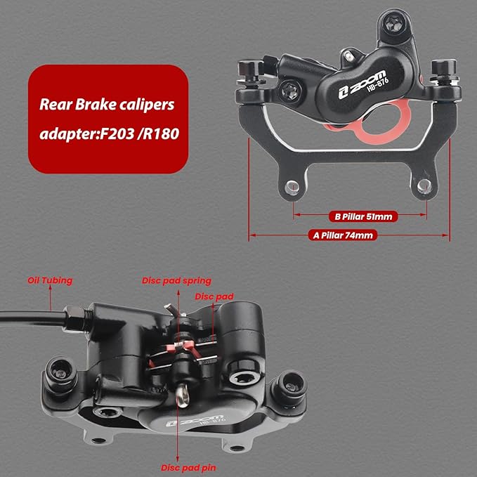 ZOOM Ebike Hydraulic Disc Brake Set: H876E 4-Pistons Power-Off Electric Bike Brake Kit with 2-PIN Sensor Included 160mm/180mm Rotors and Mounting Adapter