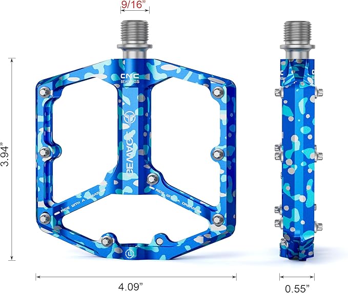 Road/Mountain Bike Pedals - 3 Bearings Bicycle Pedals - 9/16” CNC Machined Flat Pedals with Removable Anti-Skid Nails