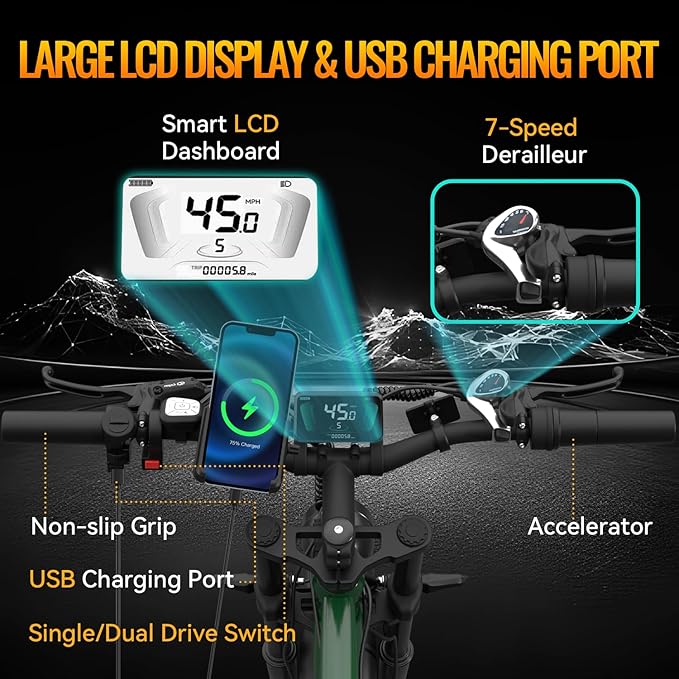 GREATWORK 52V 5000W Peak Dual Motor Electric Bike for Adults, 1300Wh Battery, Up to 45MPH & 100 Miles Range, 26" x 4.0 Fat Tire Electric Dirt Bike with Suspension, Mountain E-Bike for Men Women