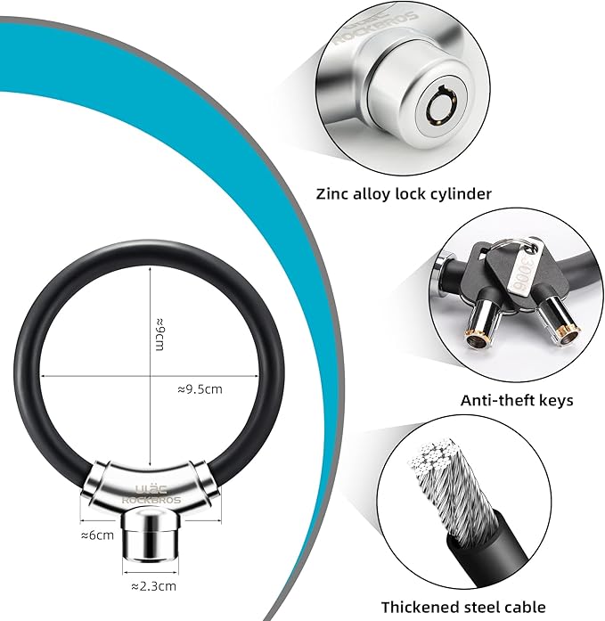 ROCKBROS Anti-Theft Bike Cable Lock, Black, Portable, Key Lock, Rustproof