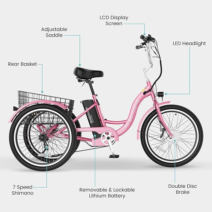 Electric Tricycle for Adults Seniors, 24/26 Inch 3 Wheel E-Trike, 350W Motor (700W Peak), Removable 36V Battery, Up to 15.5MPH, 25-60Mile Range, Low Step-Through, Rear Basket, 350lbs Capacity, 7 Speed