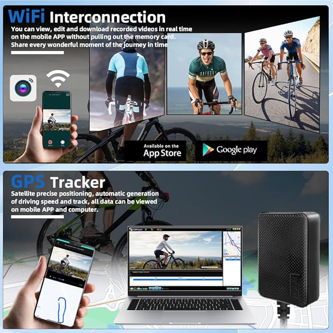 VSYSTO Bicycle Rear View Camera, WiFi GPS 4 Inch Screen HD 1080P Selfie and Rear Camera Dash Cam Handlebar Wired Controller Bike Mirror, Auto Power on/Off, Temperature and Calorie Display (F3)