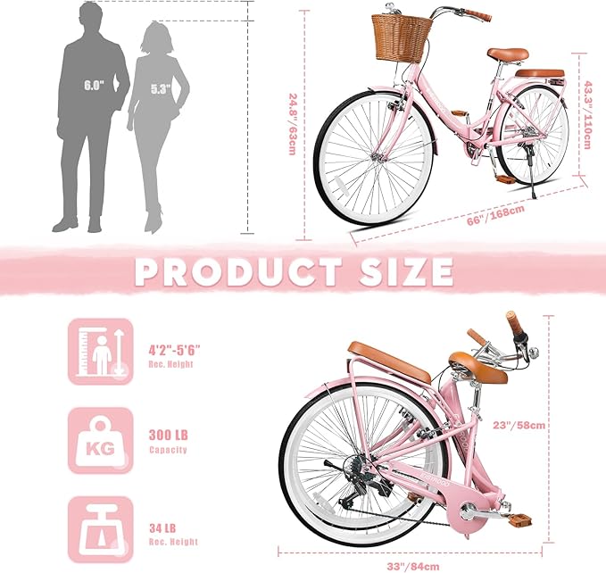 26Inch Foldable Women Bike, Womens Folding Bike with Basket, 7 Speed Beach Cruiser Fodable Bike for Women with Cushion, V-Brakes, Quick Install for Adults, Womens (Pink)