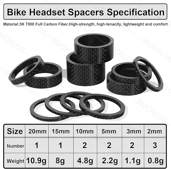 BUCKLOS QR 700c Carbon Fiber Rigid Tapered Road Bike Fork & 44-56mm Black Headset & 11PCS Carbon Fiber Spacers Matte