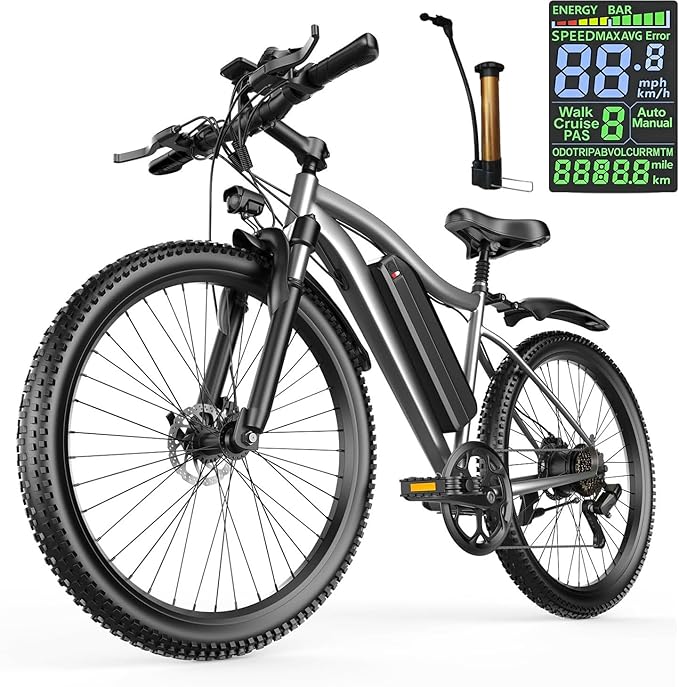 26'' Electric Bike for Adults 1200W Peak Motor 55 Miles Long Range 25MPH Commuter E-Bike with 7 Speed Gears IPX7 Waterproof Pedal Assist Electric Mountain Bicycle for Men