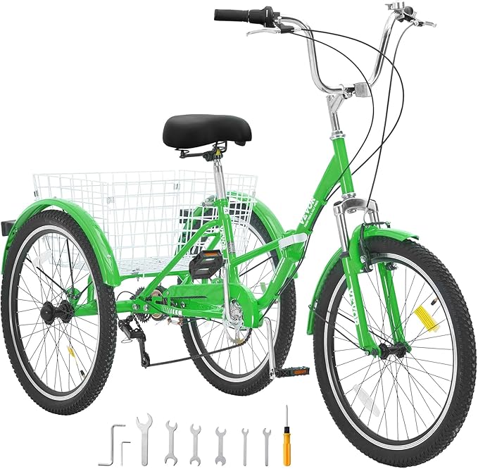VEVOR Folding Adult Tricycle,Adult Folding Trikes, 3 Wheel Cruiser Bike with Large Basket & Adjustable Seat, Shopping Picnic Foldable Tricycles for Women, Men, Seniors