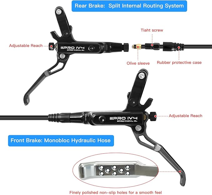 ZTZ IIIPRO IV4 Upgraded 4-Piston Hydraulic Brake Set, Hydraulic Disc Brake Kit with Ceramic Brake Pads for Mountain Bike/Ebike/Folding Bike/Fat Bike（Left Front 850mm and Right Rear 1550mm）